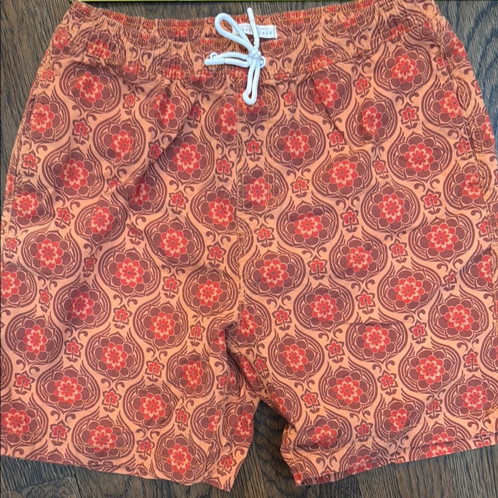 Michael Brandon Red and Orange Swim Trunks with Retro Medallion Pattern